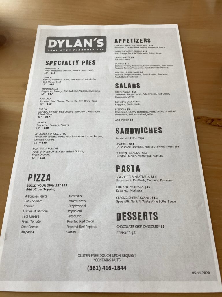 Dylan's Coal Oven Pizzeria menu 052220 | www.portaransastex.com