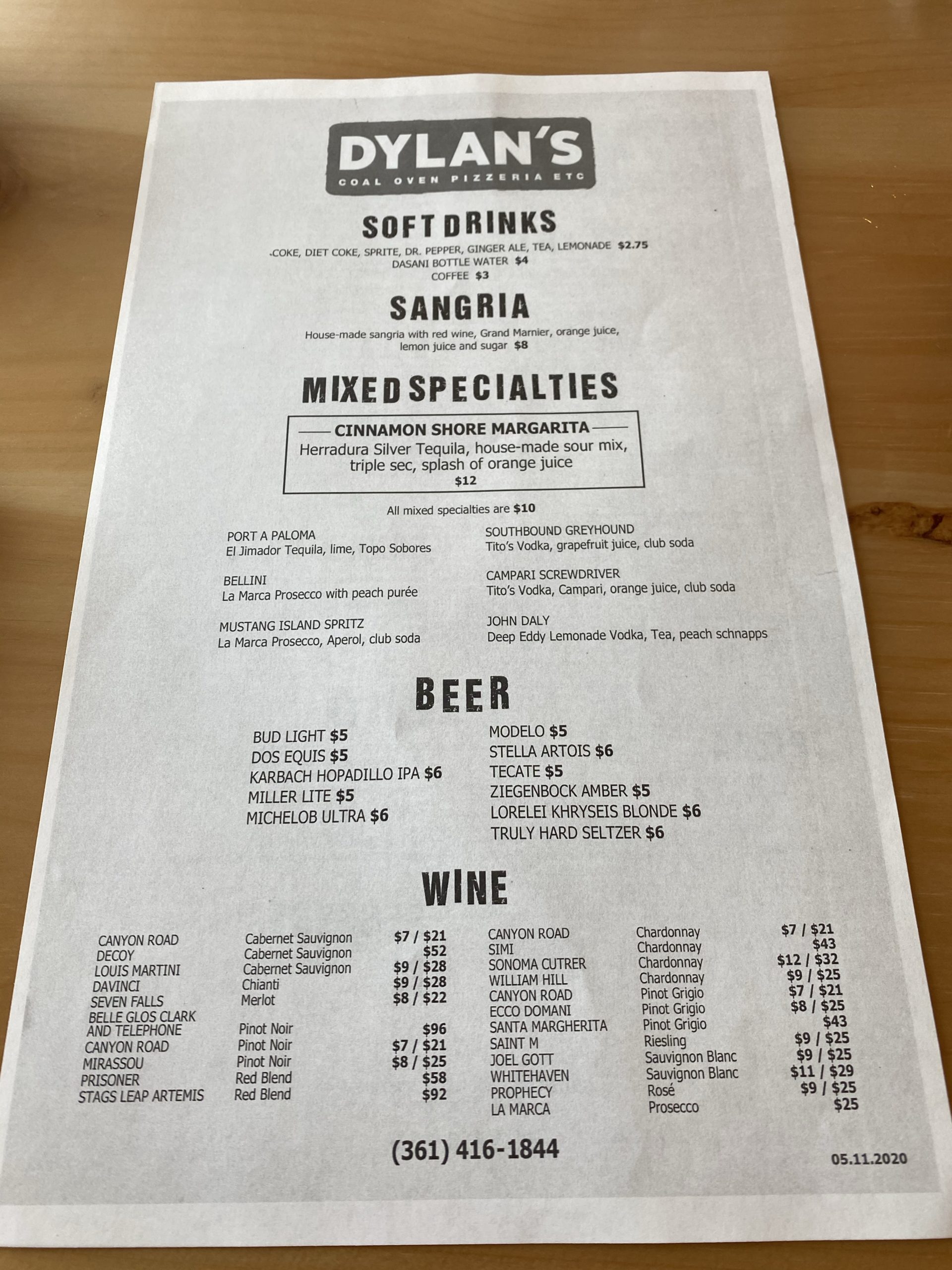 Dylan's Coal Oven Pizzeria menu 052220 | www.portaransastex.com