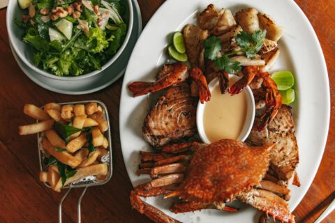 mouth watering seafood in a ceramic plate