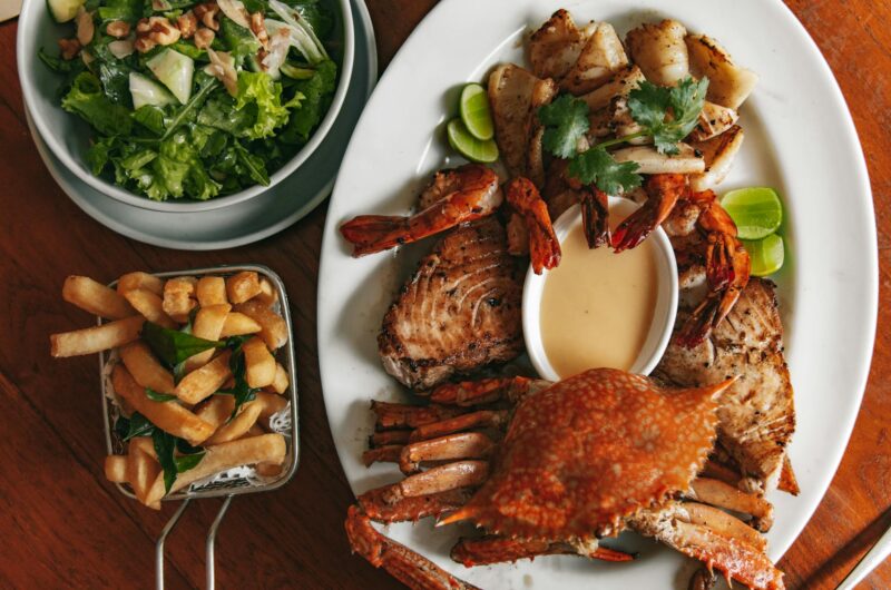 mouth watering seafood in a ceramic plate